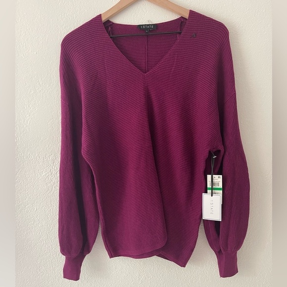 State Women's Rib-Knit Bubble Sleeve Long Sleeve V-neck Sweater Size L - Picture 3 of 7